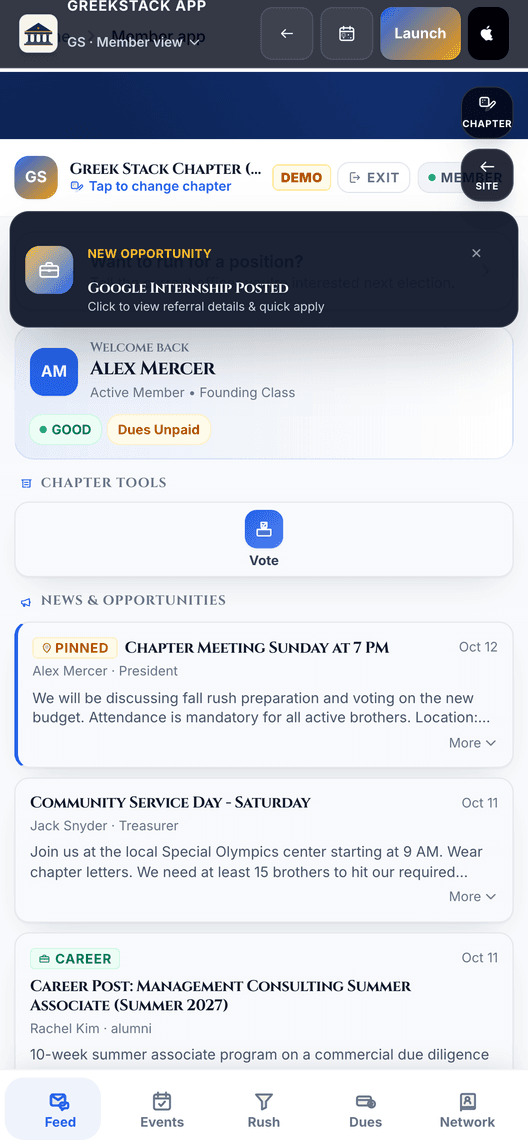 The GreekStack iPhone app showing a chapter feed with announcements and career posts.