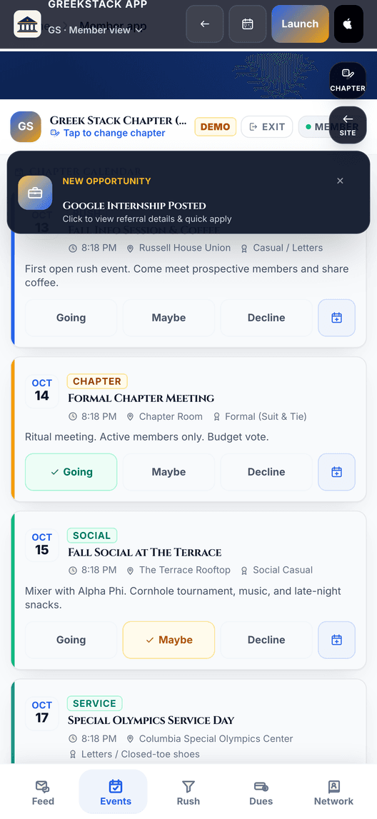 The app's events list with an upcoming chapter event and an add-to-calendar action.