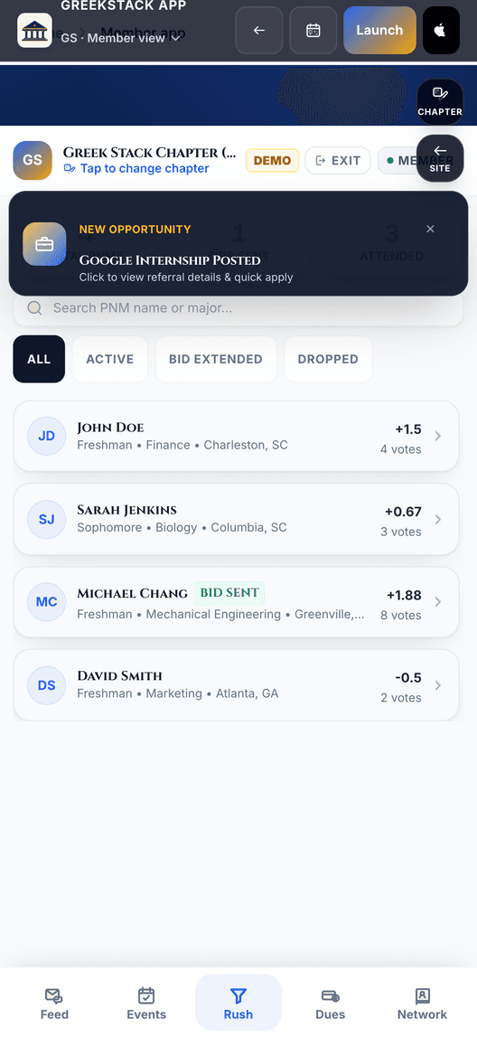 The app's recruitment pipeline board with prospect counts by stage.