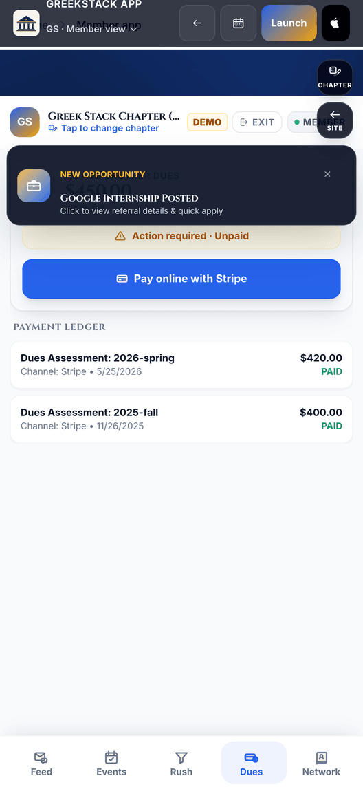 The app's dues screen showing a balance and a pay-online action.
