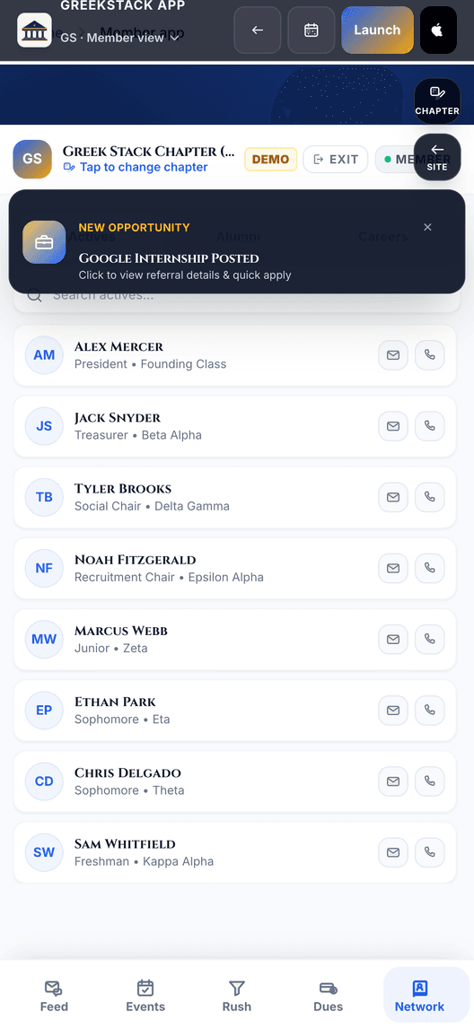 The app's member directory listing brothers with their profiles.