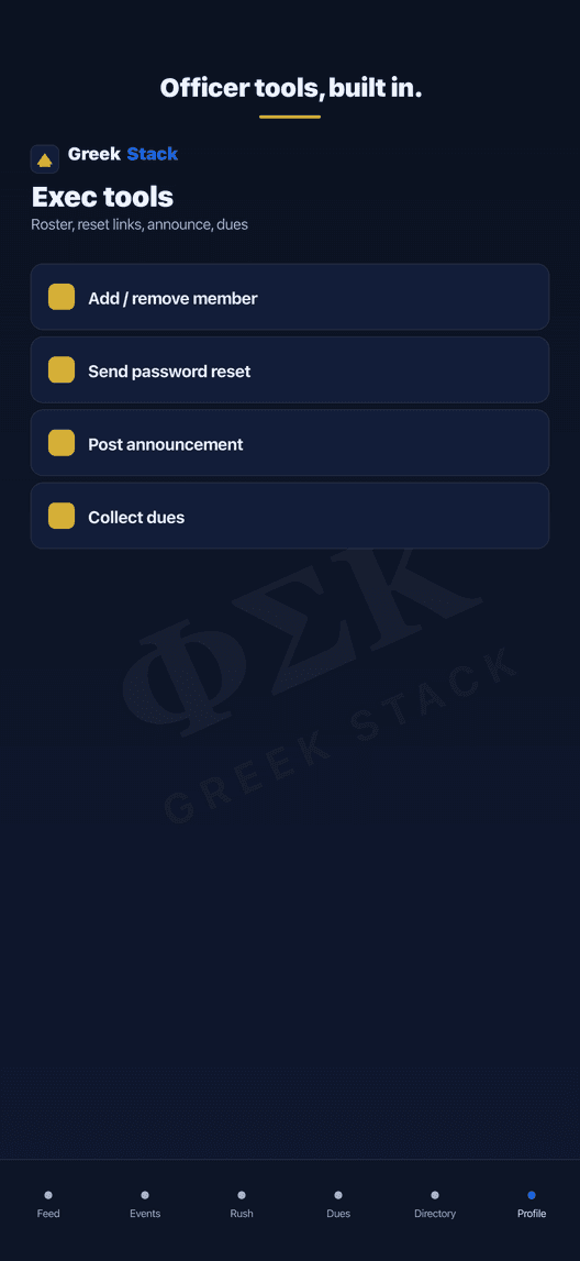 The app's officer view with roster, announce and dues actions.