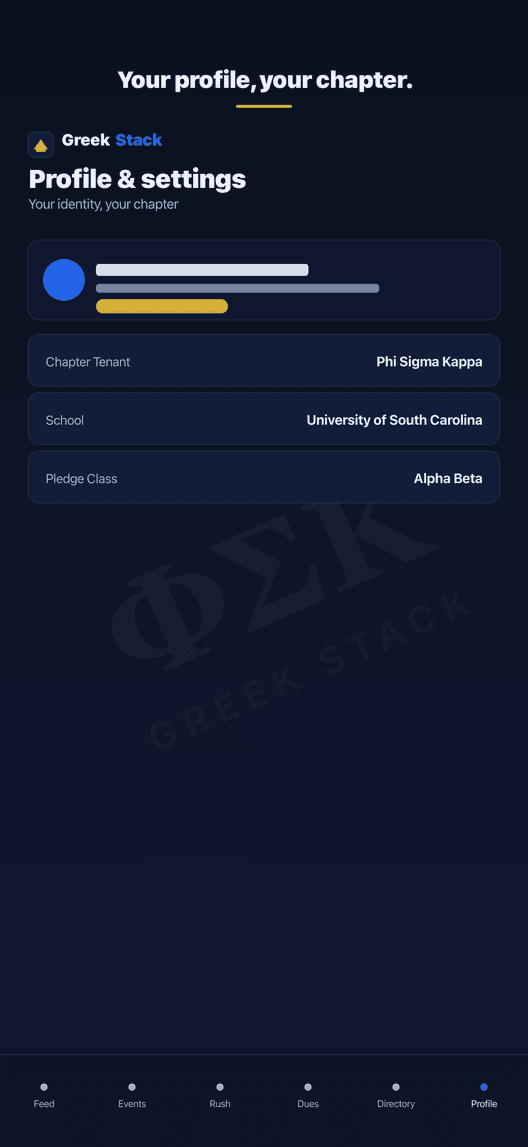 The app's settings screen showing the member profile and chapter details.