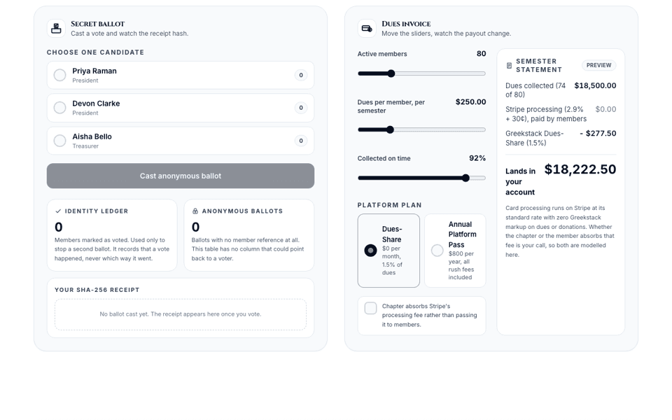 Live demo capture: secret-ballot sandbox and dues invoice generator